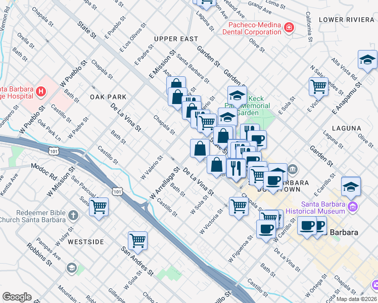 map of restaurants, bars, coffee shops, grocery stores, and more near in Santa Barbara