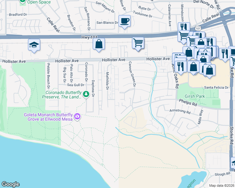 map of restaurants, bars, coffee shops, grocery stores, and more near 7391 Freeman Place in Goleta