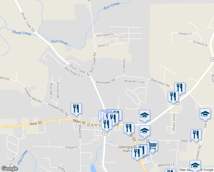 map of restaurants, bars, coffee shops, grocery stores, and more near 112 Perimeter Road in Dawsonville
