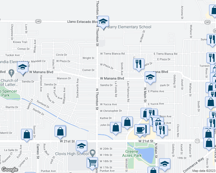 map of restaurants, bars, coffee shops, grocery stores, and more near 517 Sandia Drive in Clovis
