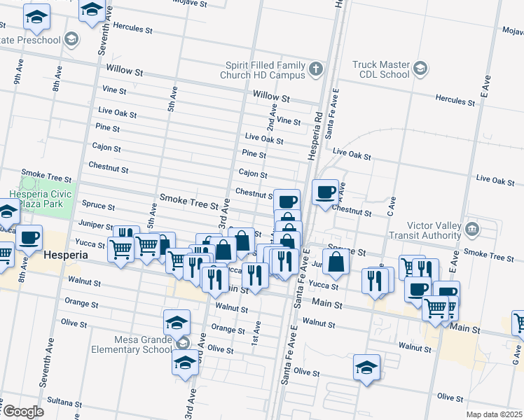 map of restaurants, bars, coffee shops, grocery stores, and more near 16503 Chestnut Street in Hesperia
