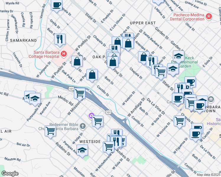 map of restaurants, bars, coffee shops, grocery stores, and more near 1834 Bath Street in Santa Barbara