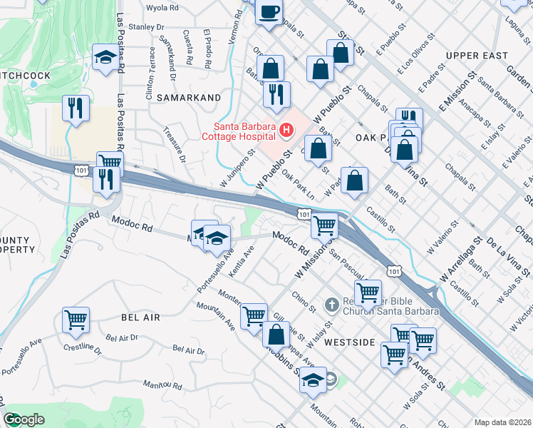 map of restaurants, bars, coffee shops, grocery stores, and more near 602 Kentia Avenue in Santa Barbara