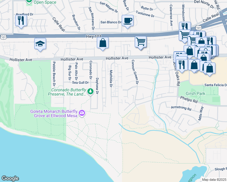 map of restaurants, bars, coffee shops, grocery stores, and more near 328 Mathilda Drive in Goleta