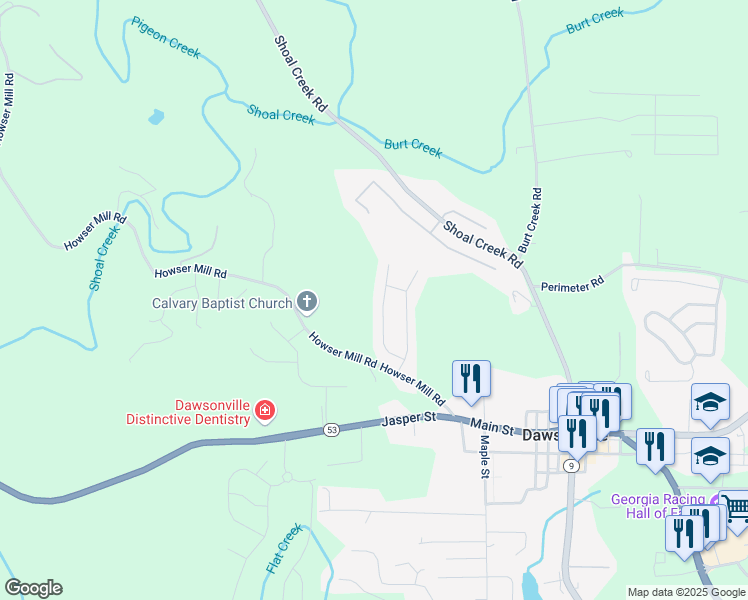 map of restaurants, bars, coffee shops, grocery stores, and more near 175 River Mill Lane in Dawsonville