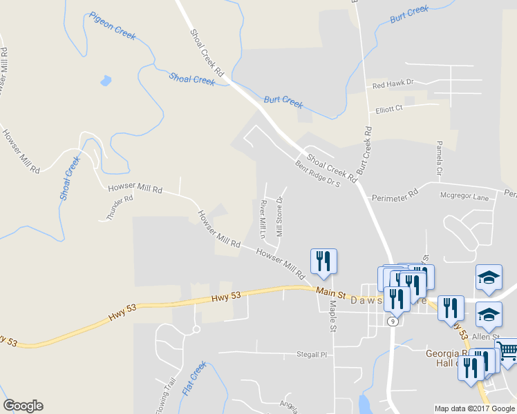 map of restaurants, bars, coffee shops, grocery stores, and more near 175 River Mill Lane in Dawsonville