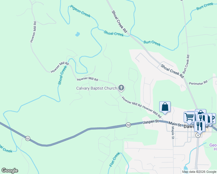 map of restaurants, bars, coffee shops, grocery stores, and more near 587 Howser Mill Road in Dawsonville