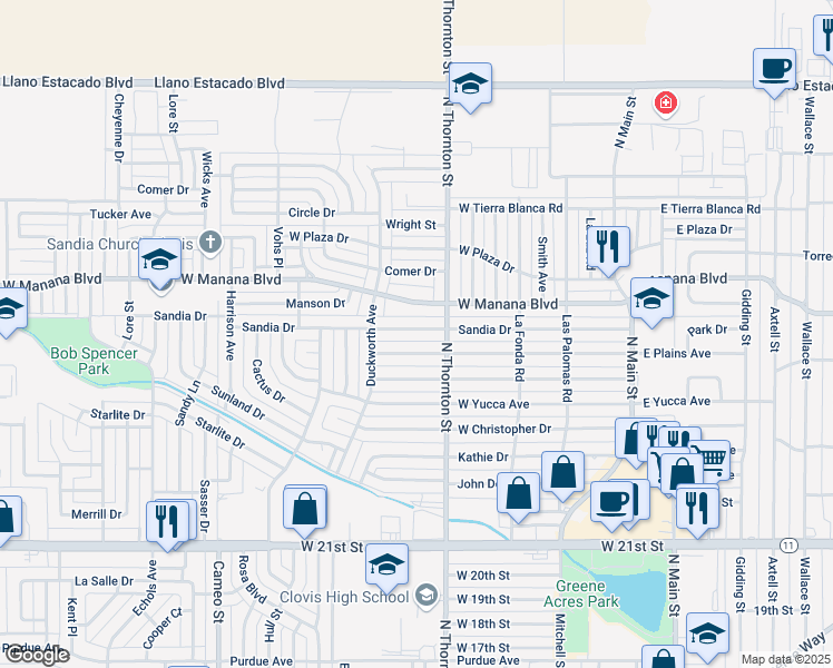 map of restaurants, bars, coffee shops, grocery stores, and more near 717 Sandia Drive in Clovis