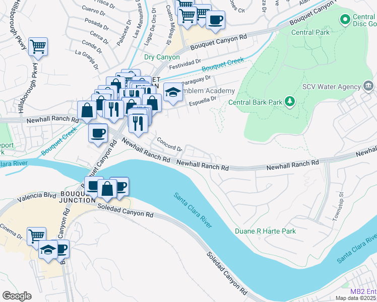 map of restaurants, bars, coffee shops, grocery stores, and more near 26425 Choral Lane in Santa Clarita