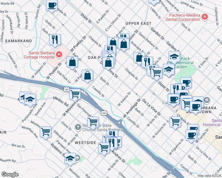 map of restaurants, bars, coffee shops, grocery stores, and more near 1834 Bath Street in Santa Barbara