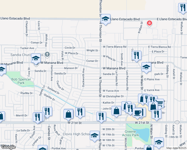 map of restaurants, bars, coffee shops, grocery stores, and more near 712 Sandia Drive in Clovis