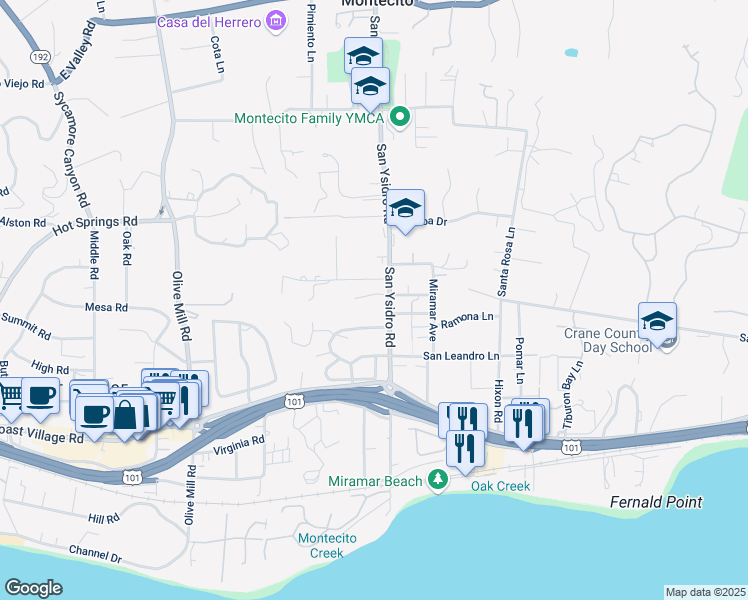 map of restaurants, bars, coffee shops, grocery stores, and more near 1491 Monte Vista Road in Montecito