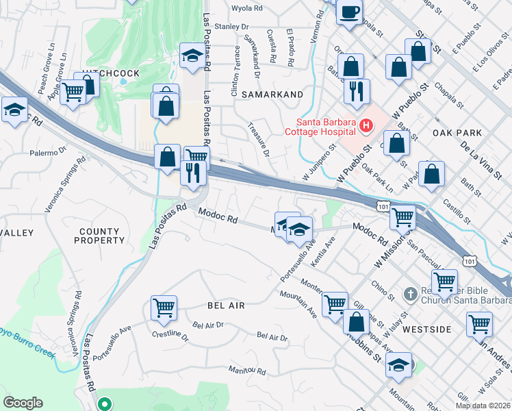 map of restaurants, bars, coffee shops, grocery stores, and more near 40 Pine Drive in Santa Barbara