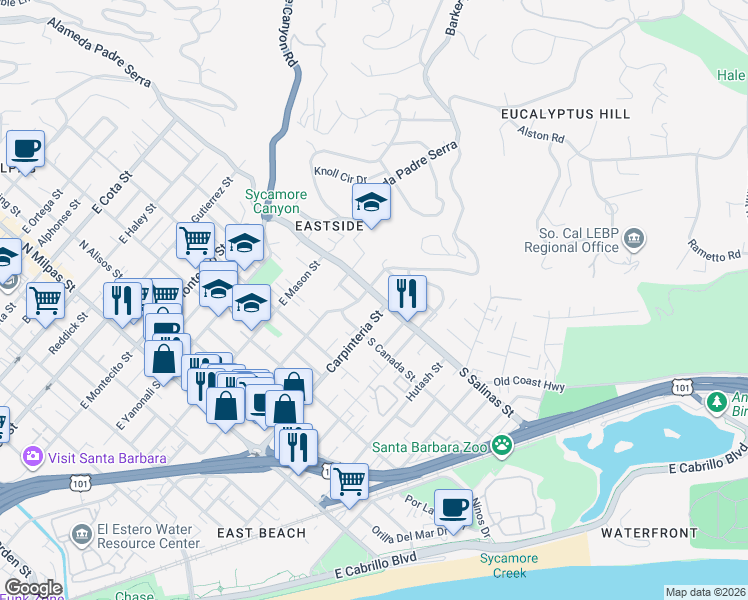 map of restaurants, bars, coffee shops, grocery stores, and more near 30 South Salinas Street in Santa Barbara