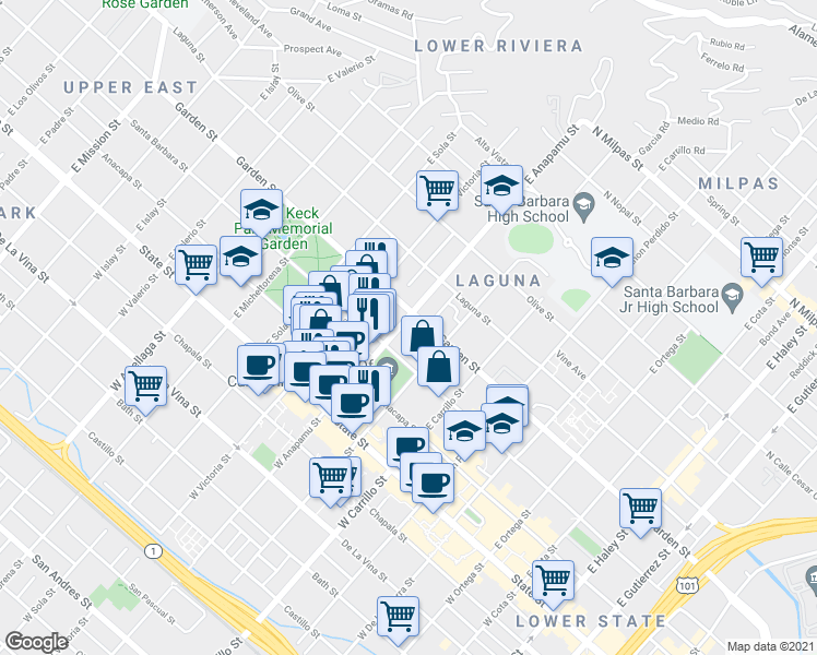 map of restaurants, bars, coffee shops, grocery stores, and more near 226 East Anapamu Street in Santa Barbara