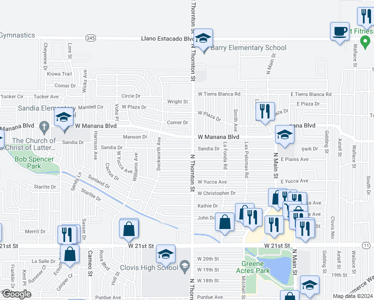 map of restaurants, bars, coffee shops, grocery stores, and more near 705 Sandia Drive in Clovis