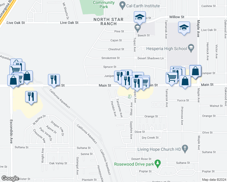 map of restaurants, bars, coffee shops, grocery stores, and more near 9650 Tanzanite Avenue in Hesperia