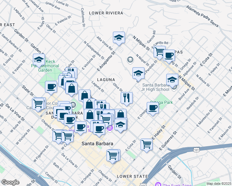 map of restaurants, bars, coffee shops, grocery stores, and more near 427 East Carrillo Street in Santa Barbara