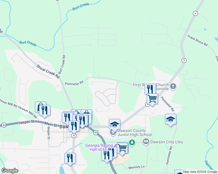 map of restaurants, bars, coffee shops, grocery stores, and more near 82 Mcgregor Lane in Dawsonville