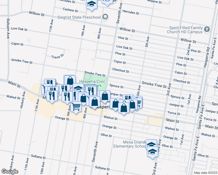 map of restaurants, bars, coffee shops, grocery stores, and more near 15967 Spruce Street in Hesperia