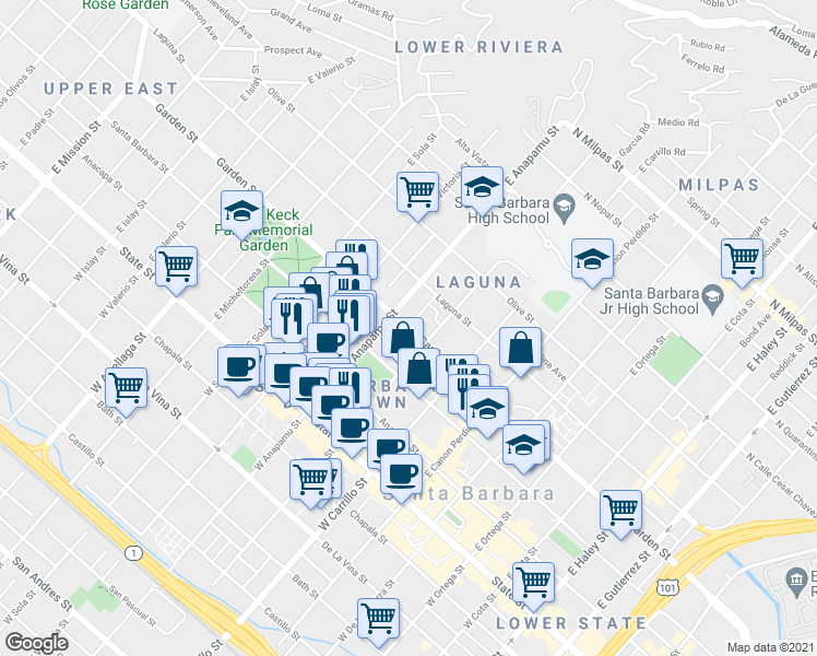 map of restaurants, bars, coffee shops, grocery stores, and more near Garden Street & Lloyd Avenue in Santa Barbara
