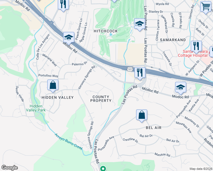 map of restaurants, bars, coffee shops, grocery stores, and more near 3499 La Entrada in Santa Barbara