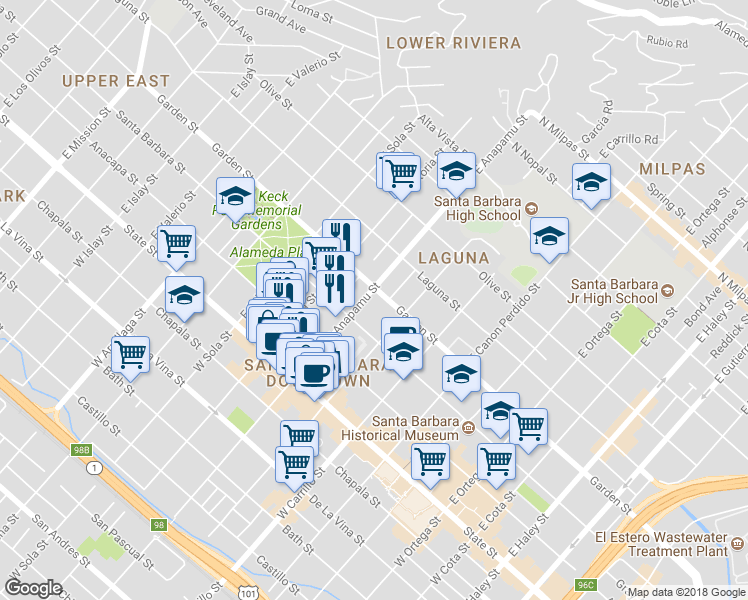map of restaurants, bars, coffee shops, grocery stores, and more near 243 East Anapamu Street in Santa Barbara