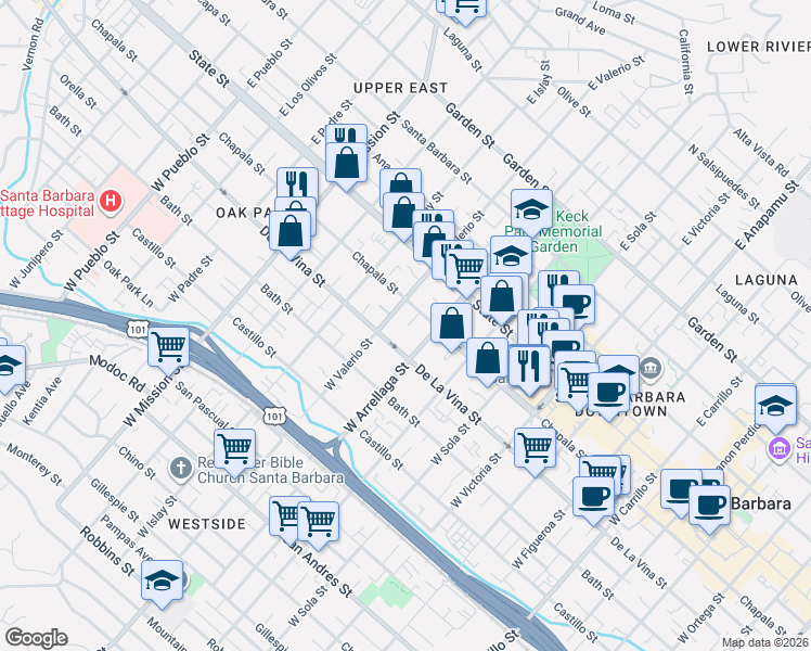 map of restaurants, bars, coffee shops, grocery stores, and more near in Santa Barbara