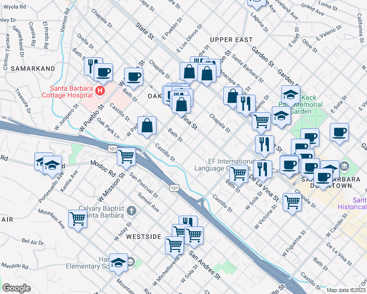 map of restaurants, bars, coffee shops, grocery stores, and more near 1834 Bath Street in Santa Barbara
