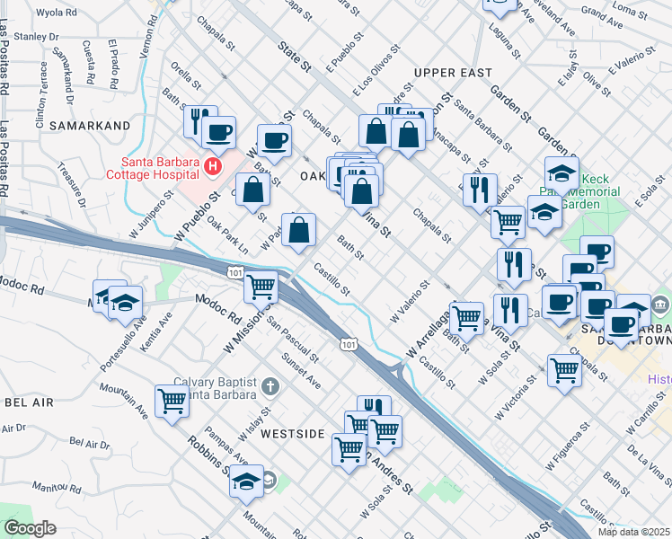 map of restaurants, bars, coffee shops, grocery stores, and more near 318 West Pedregosa Street in Santa Barbara