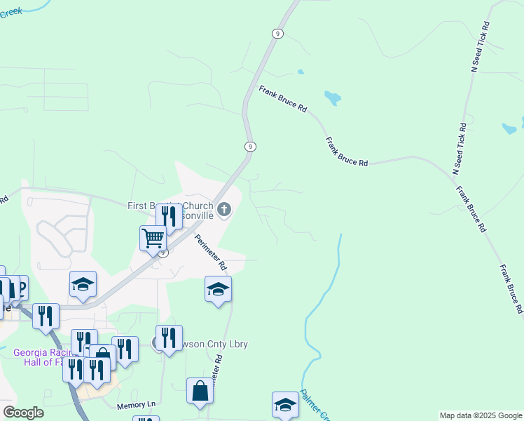 map of restaurants, bars, coffee shops, grocery stores, and more near 151 Bruce Road in Dawsonville