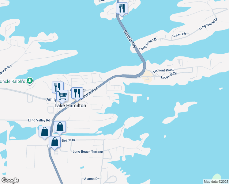 map of restaurants, bars, coffee shops, grocery stores, and more near 40 Jamison Lane in Lake Hamilton