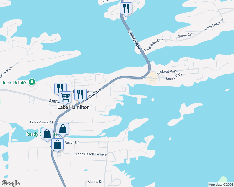 map of restaurants, bars, coffee shops, grocery stores, and more near 40 Jamison Lane in Lake Hamilton