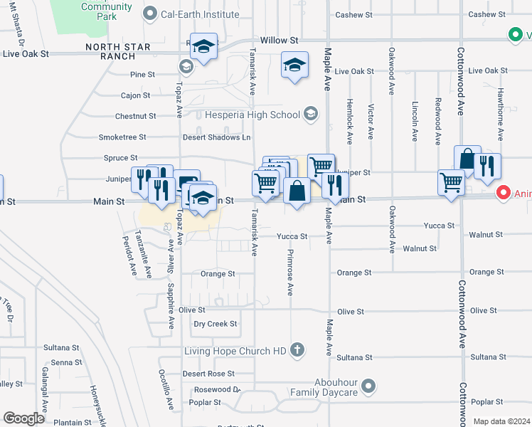 map of restaurants, bars, coffee shops, grocery stores, and more near 14333 Main Street in Hesperia