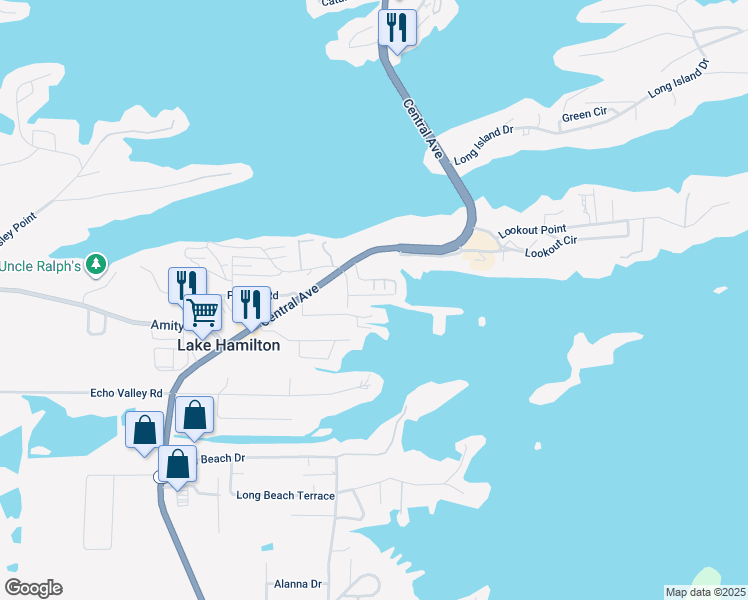 map of restaurants, bars, coffee shops, grocery stores, and more near 40 Jamison Lane in Lake Hamilton