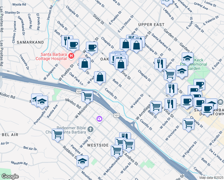 map of restaurants, bars, coffee shops, grocery stores, and more near 328 West Pedregosa Street in Santa Barbara