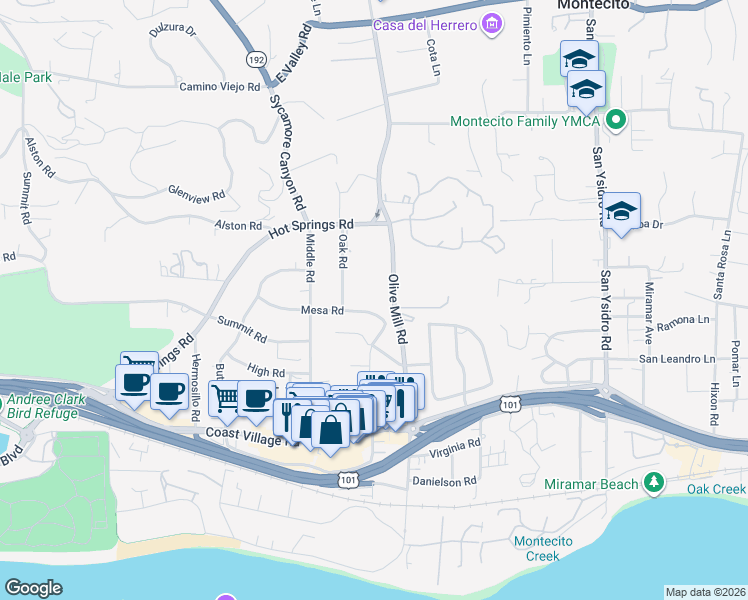 map of restaurants, bars, coffee shops, grocery stores, and more near 1278 Mesa Road in Montecito