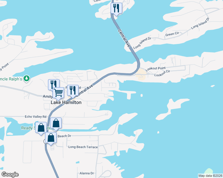 map of restaurants, bars, coffee shops, grocery stores, and more near 40 Jamison Lane in Lake Hamilton