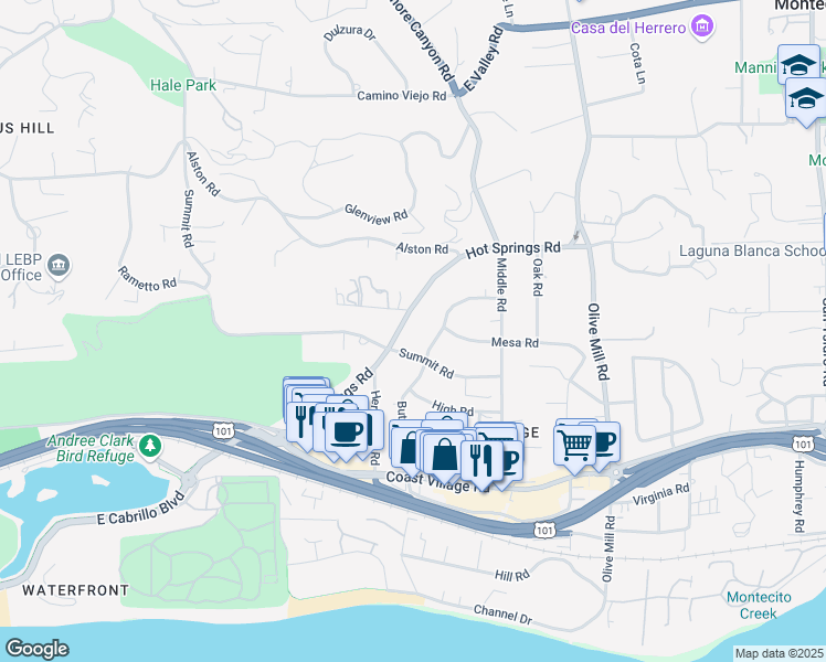 map of restaurants, bars, coffee shops, grocery stores, and more near 210 Hot Springs Road in Montecito