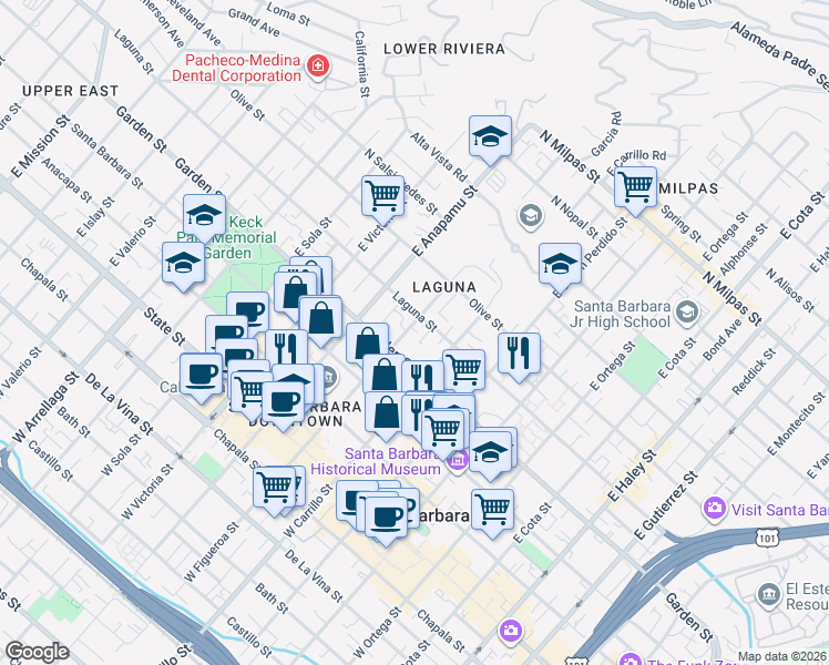 map of restaurants, bars, coffee shops, grocery stores, and more near 324 East Figueroa Street in Santa Barbara