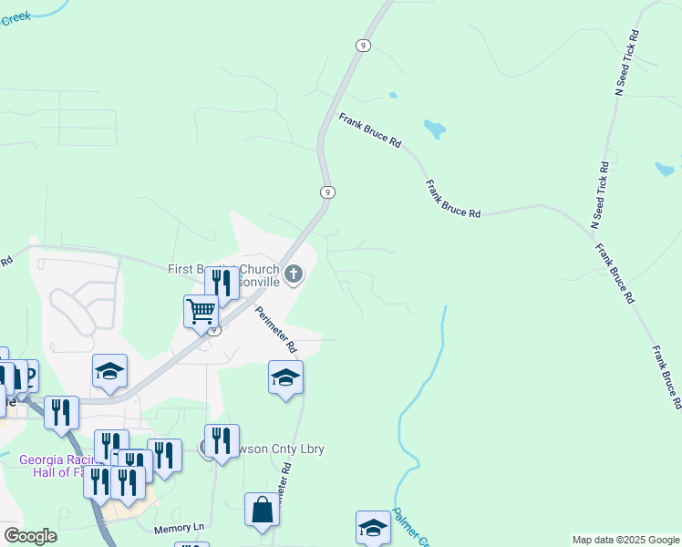 map of restaurants, bars, coffee shops, grocery stores, and more near 151 Bruce Road in Dawsonville