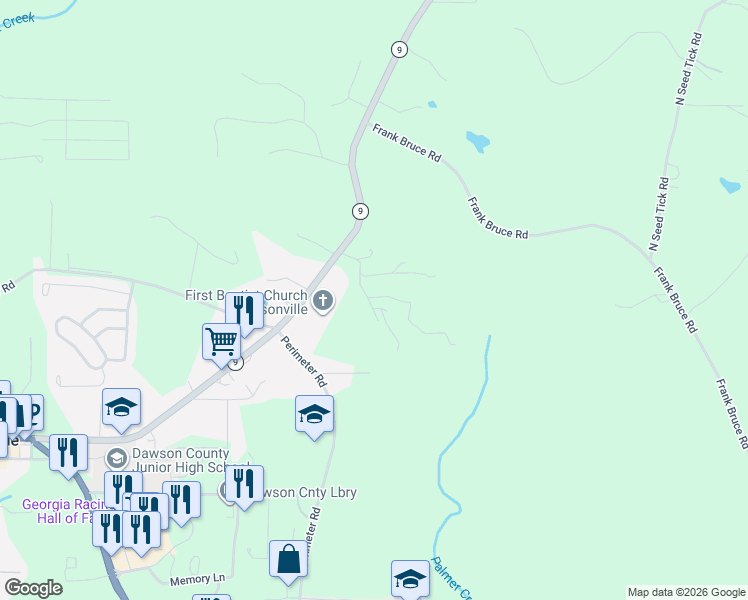 map of restaurants, bars, coffee shops, grocery stores, and more near 125 Bruce Road in Dawsonville