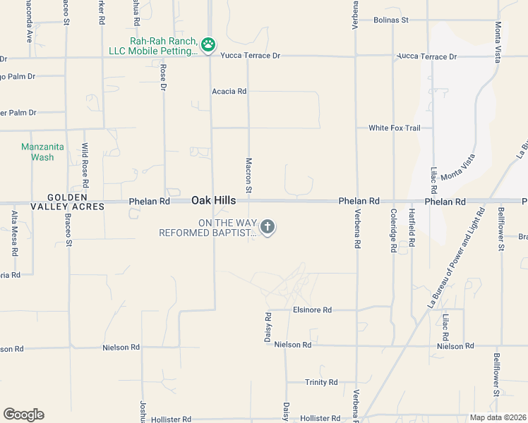 map of restaurants, bars, coffee shops, grocery stores, and more near 10575 Phelan Road in Oak Hills