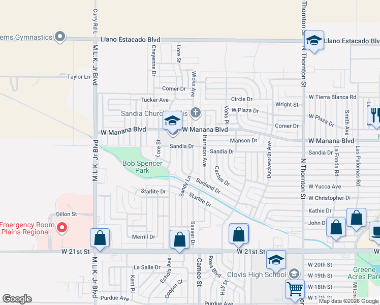map of restaurants, bars, coffee shops, grocery stores, and more near Sandia Drive in Clovis