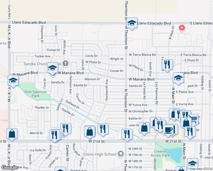 map of restaurants, bars, coffee shops, grocery stores, and more near Sandia Drive in Clovis