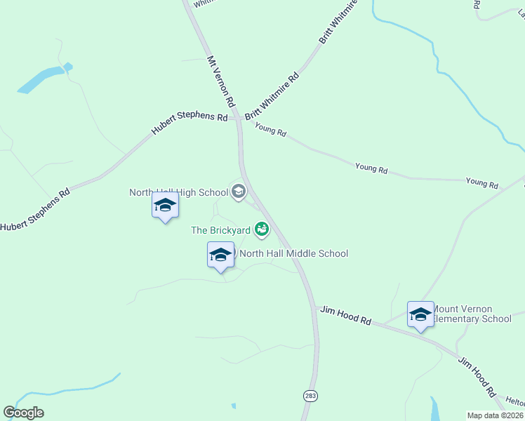 map of restaurants, bars, coffee shops, grocery stores, and more near 4895 Mount Vernon Road in Gainesville