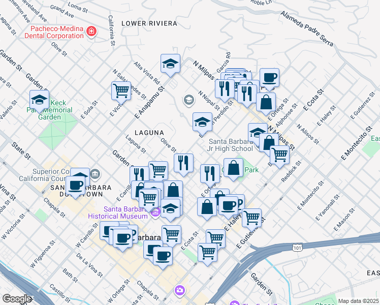 map of restaurants, bars, coffee shops, grocery stores, and more near 518 East Canon Perdido Street in Santa Barbara