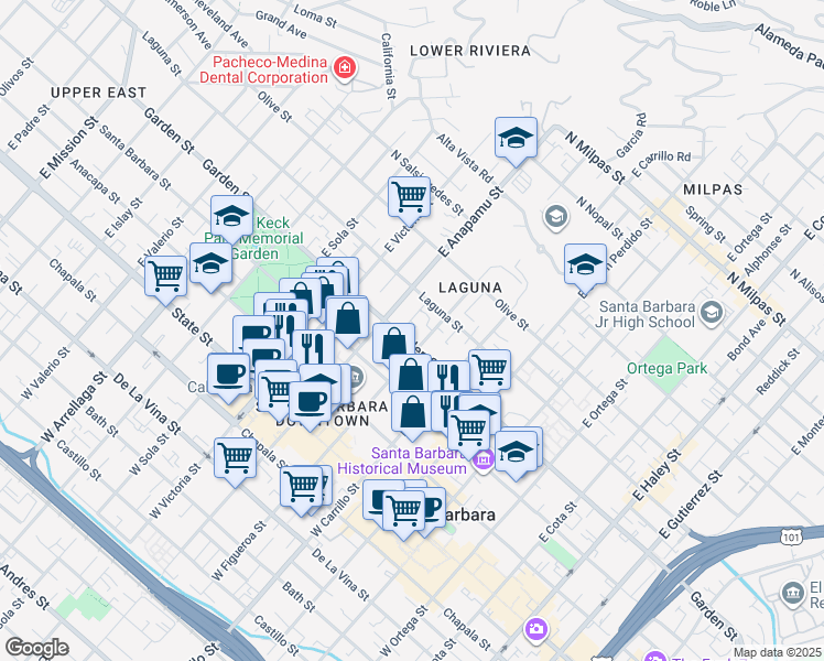map of restaurants, bars, coffee shops, grocery stores, and more near 318 Lloyd Avenue in Santa Barbara