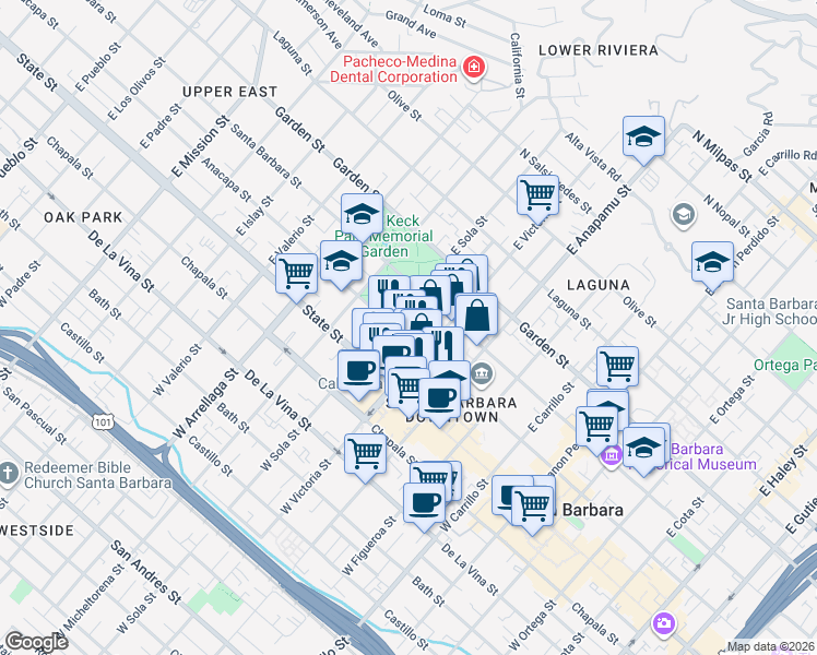 map of restaurants, bars, coffee shops, grocery stores, and more near 1332 Anacapa Street in Santa Barbara