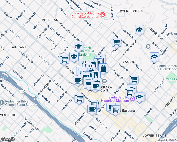 map of restaurants, bars, coffee shops, grocery stores, and more near 1319 Santa Barbara Street in Santa Barbara